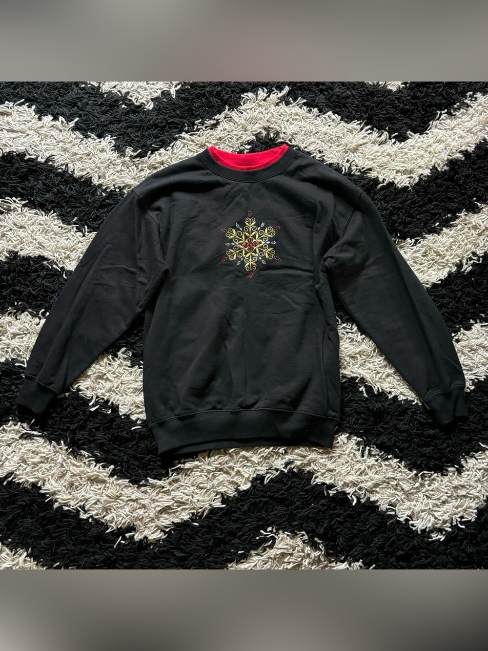 M&C Sportswear Black & Red Collared Crewneck w/ Gem Star/Snowflake Women’s Small